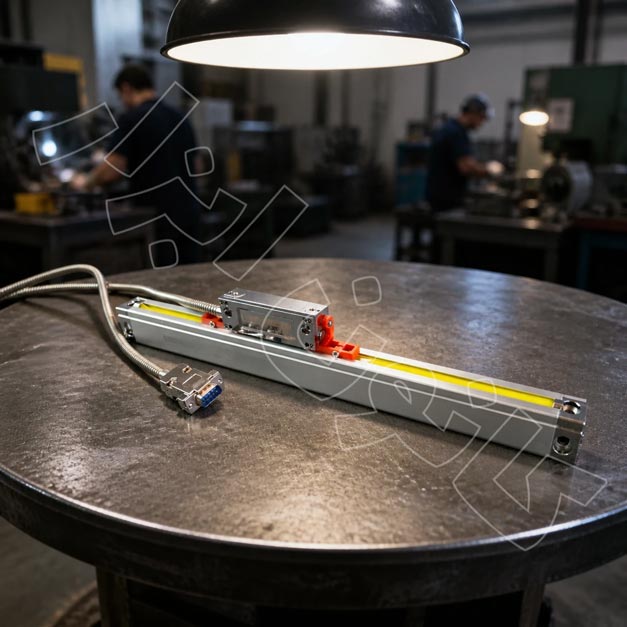 خط کش دیجیتال نوری با دقت میکرونی، نصب شده روی دستگاه فرز CNC برای اندازهگیری دقیق موقعیت محورها.